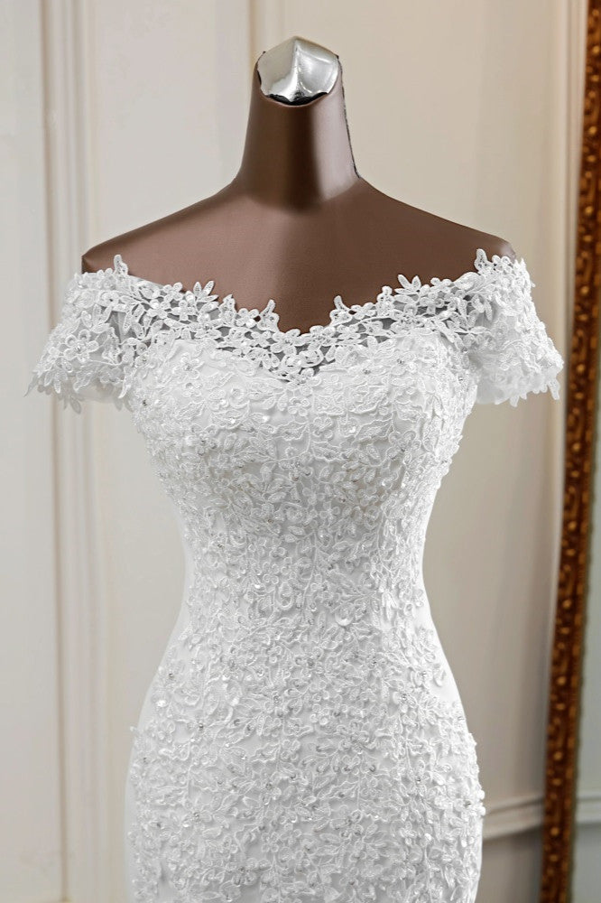 Glamorous Sweetheart Lace Beading Wedding Dresses Short Sleeves Appliques Mermaid Bridal Gowns (ZD17453)