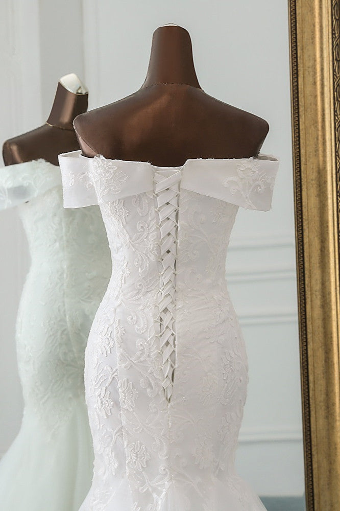 Glamorous Tulle Lace Off-the-Shoulder White Mermaid Wedding Dresses (ZD17420)