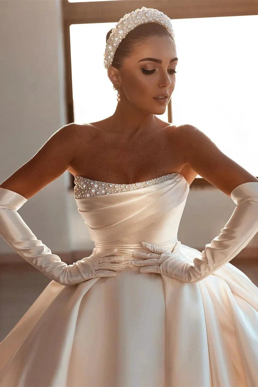 Glamorous White A-line Beading Satin Wedding Dress With Train (ZD16558)