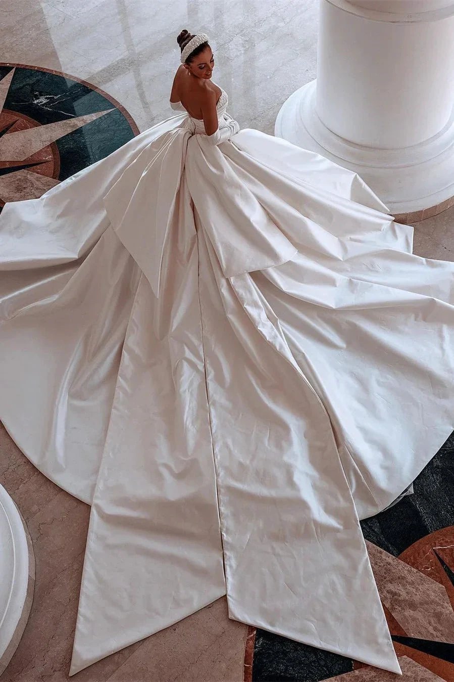Glamorous White A-line Beading Satin Wedding Dress With Train (ZD16558)
