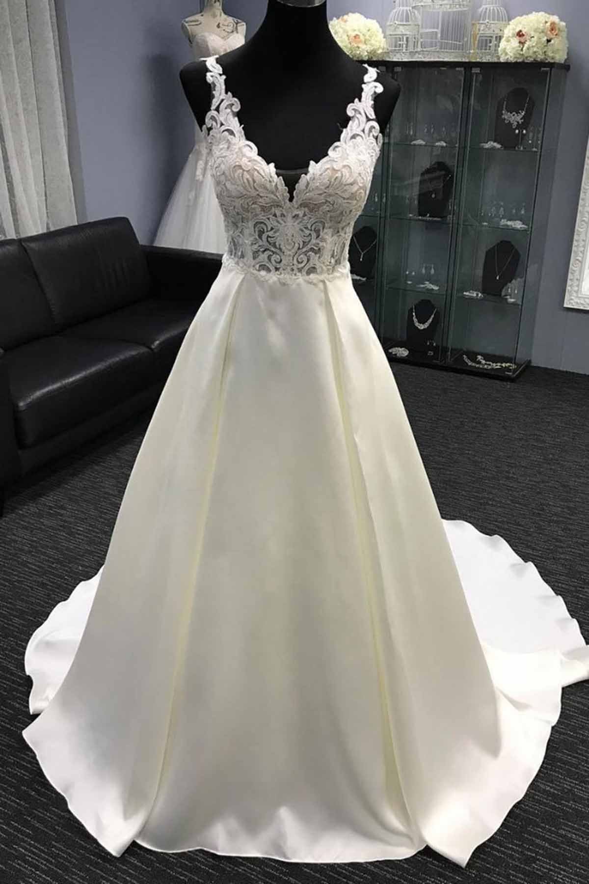 Glamorous White Satin V-Neck Wedding Dress A-Line Halter Bridal Gowns On Sale (ZD17443)