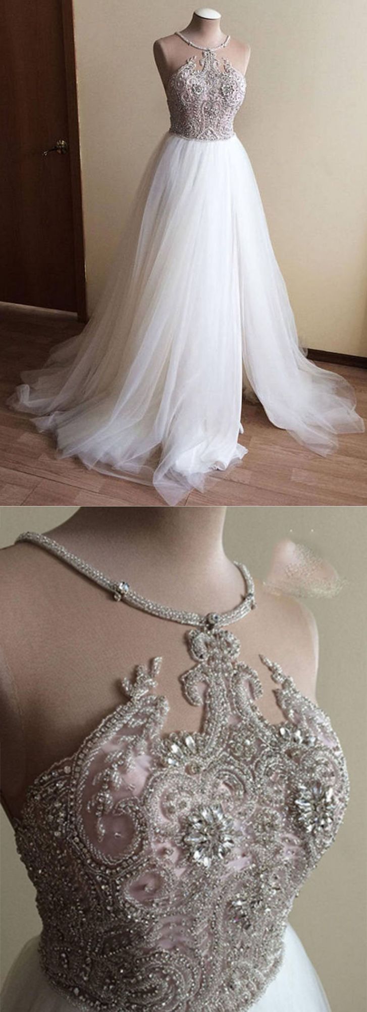 Glamorous White Tulle Crystal Beaded Wedding Dress Halter Seeveless Bridal Gowns On Sale (ZD17441)