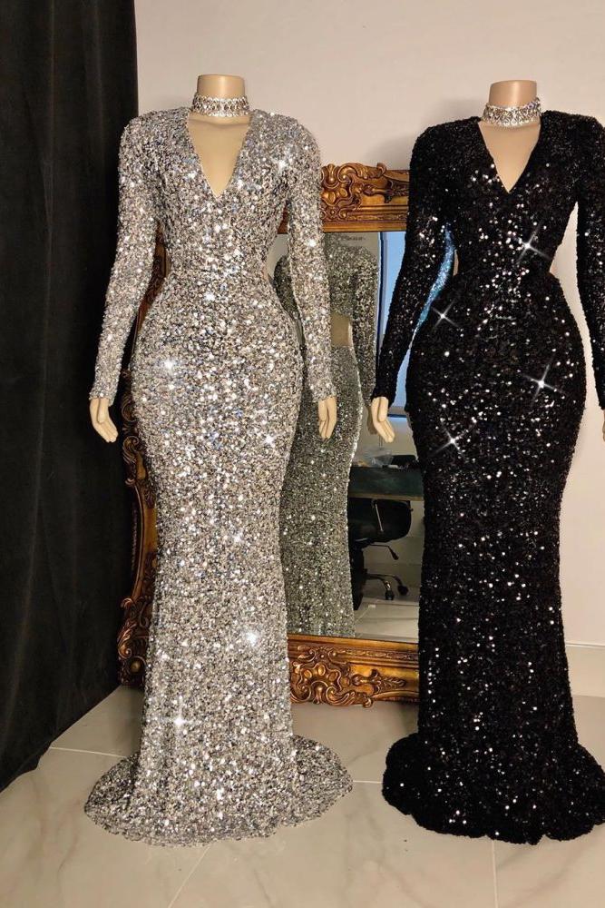 Glittering Crystal Sequins Long Sleevess V-Neck Mermaid Prom Dresses