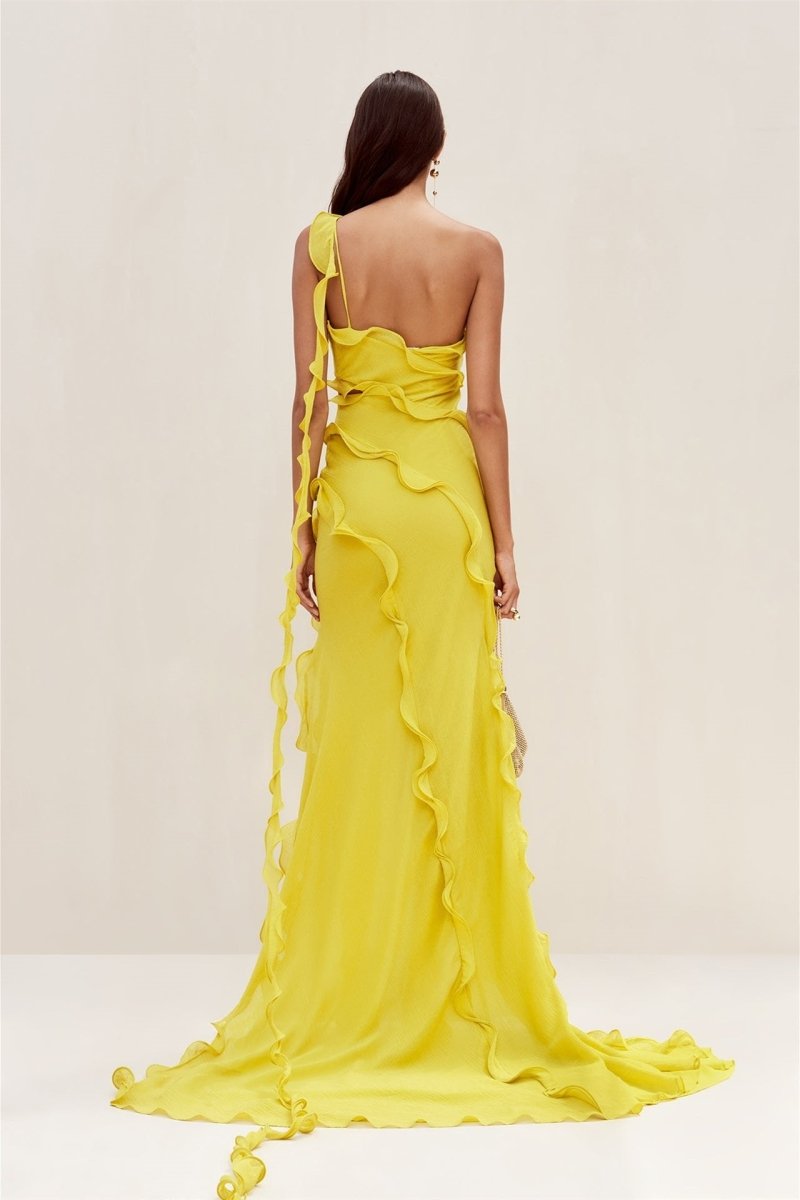 Paulina Premium Maxi Chiffon Dress with One Shoulder Straps and Ruffles Statement Occasion Edit