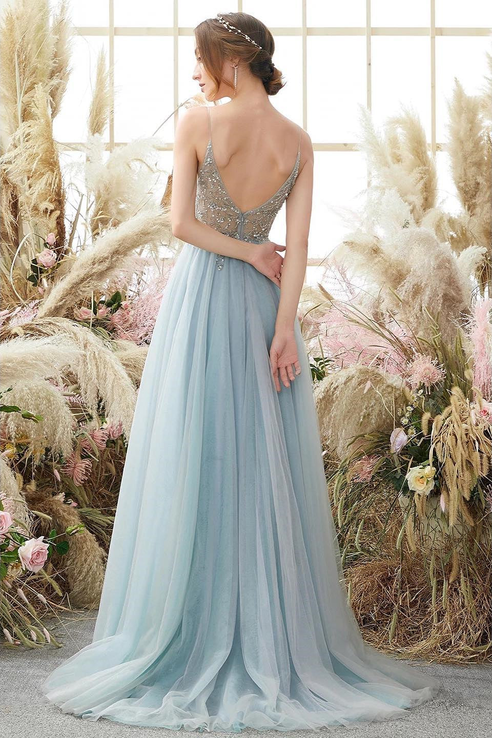 Glorious A-line Blue V-neck Spaghetti Straps Slit Beading Prom Dress