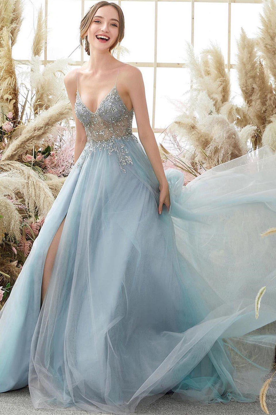 Glorious A-line Blue V-neck Spaghetti Straps Slit Beading Prom Dress