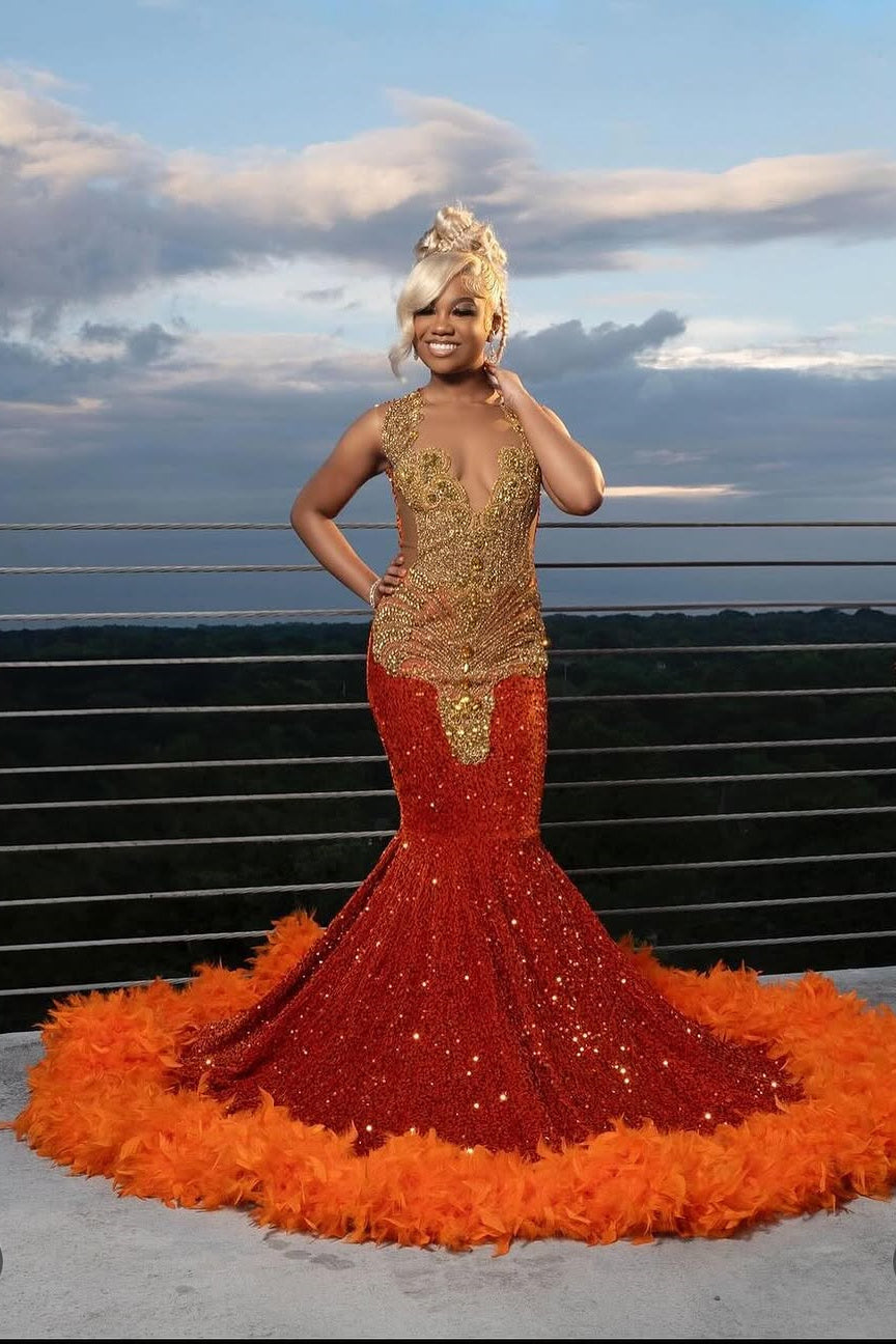 Gold appliques Orange Feathers Sequin Mermaid Long Prom Dresses