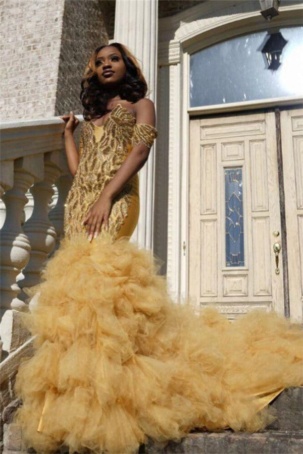 Gold Beads Appliques Fit and Flare Prom Dresses Off-the-Shoulder Tulle Ruffles Evening Gowns