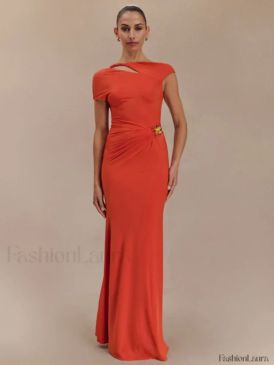 Gold Clasp Ruched Bodycon Maxi Dress