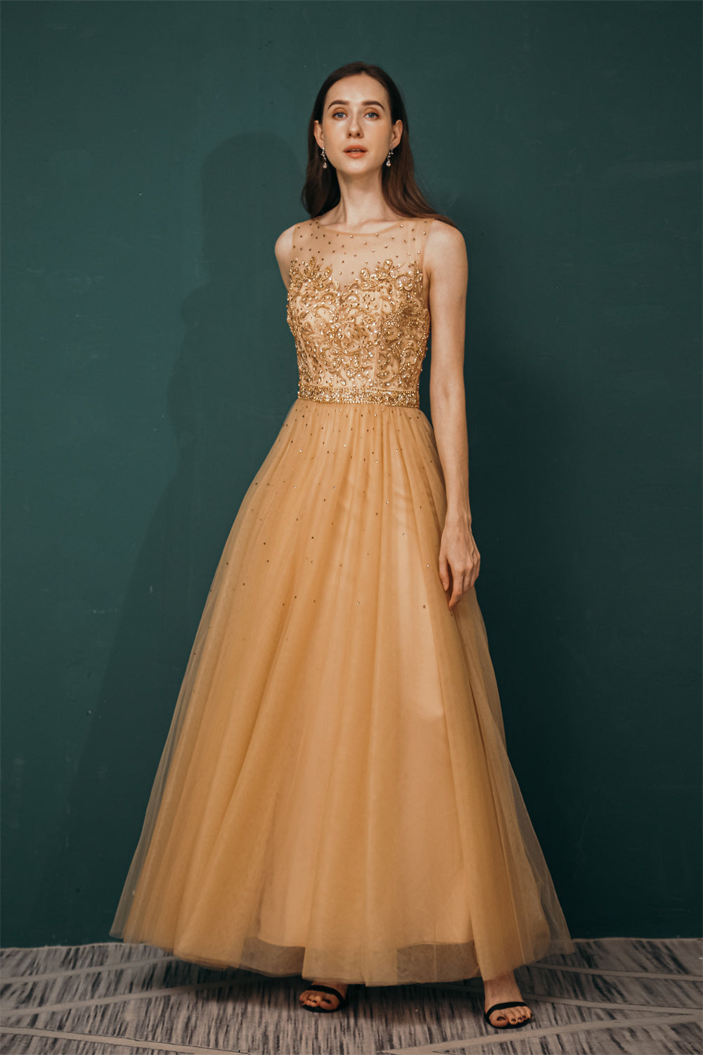 Gold Illusion neck Beaded Appliques Prom Dress