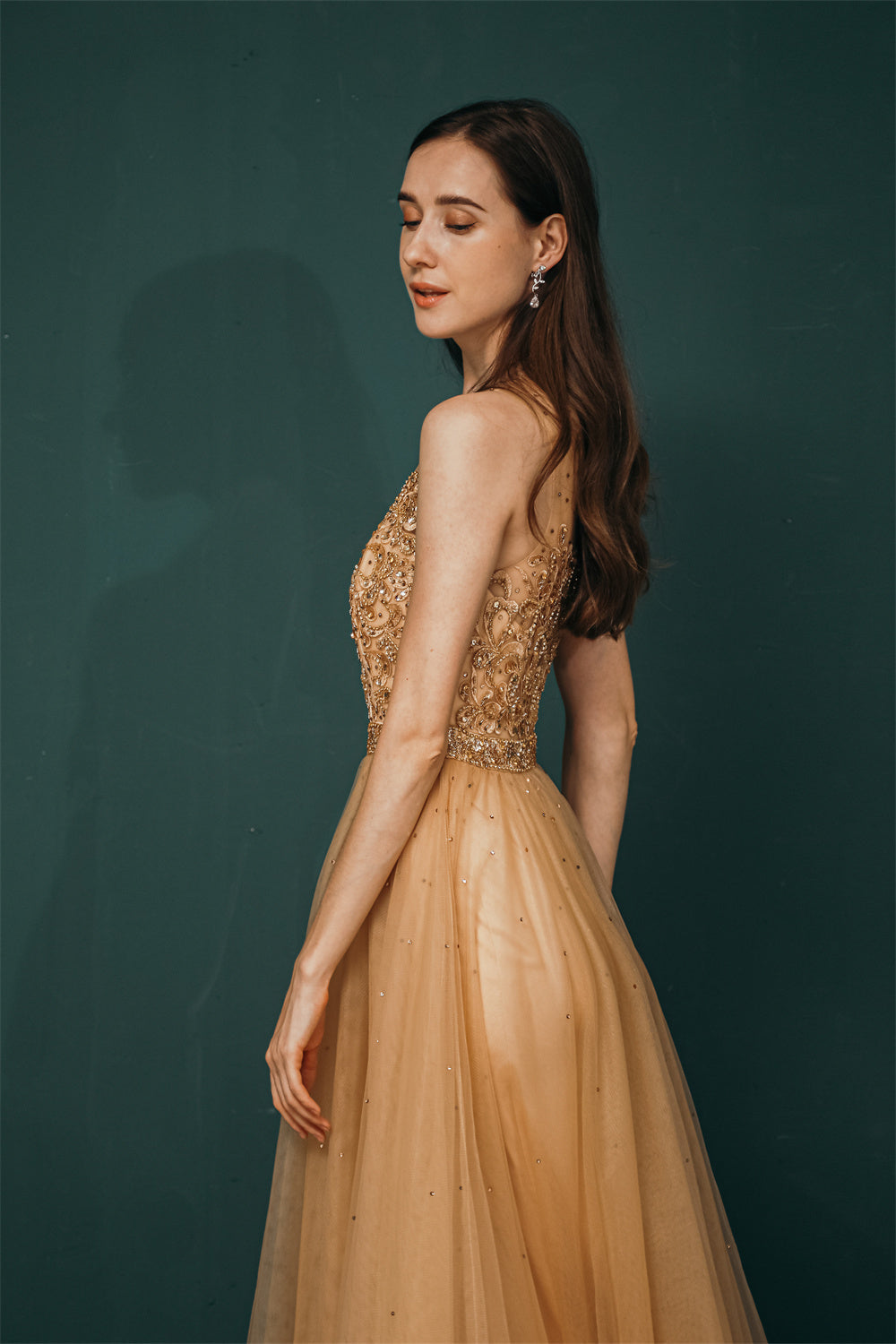 Gold Illusion neck Beaded Appliques Prom Dress