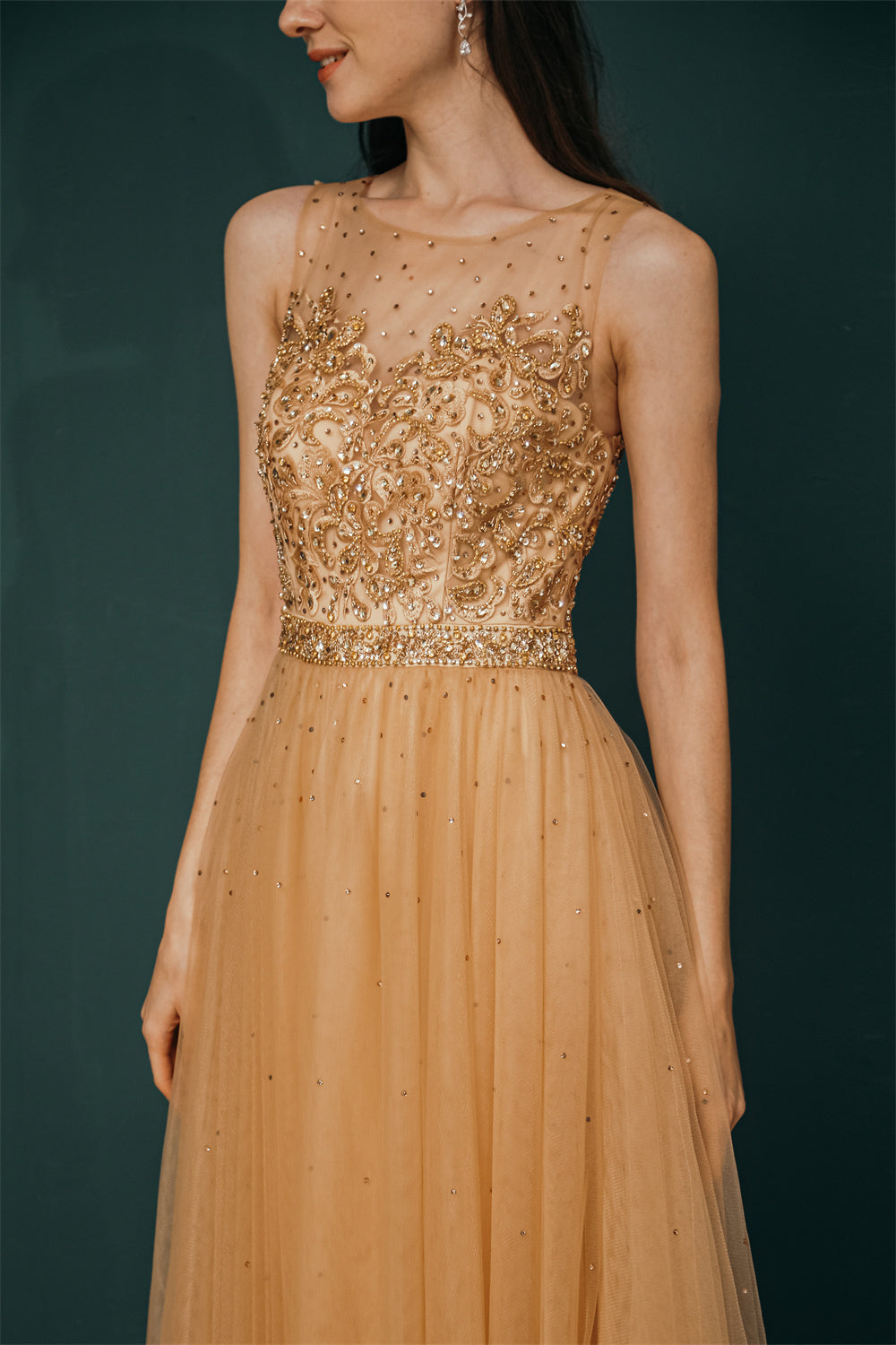 Gold Illusion neck Beaded Appliques Prom Dress