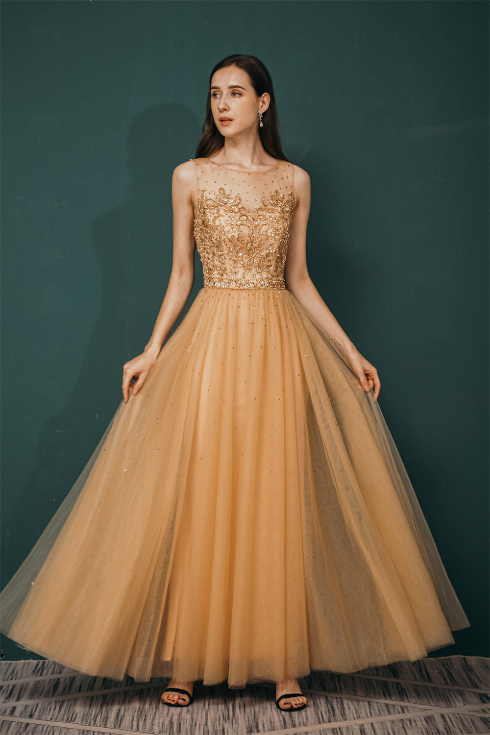 Gold Illusion neck Beaded Appliques Prom Dress