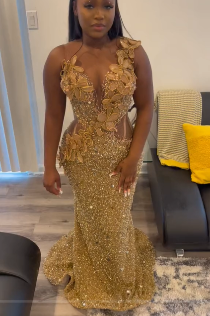Gold Sleeveless Flowers Sequin Column Floor-Length Sparkle Prom Dresses