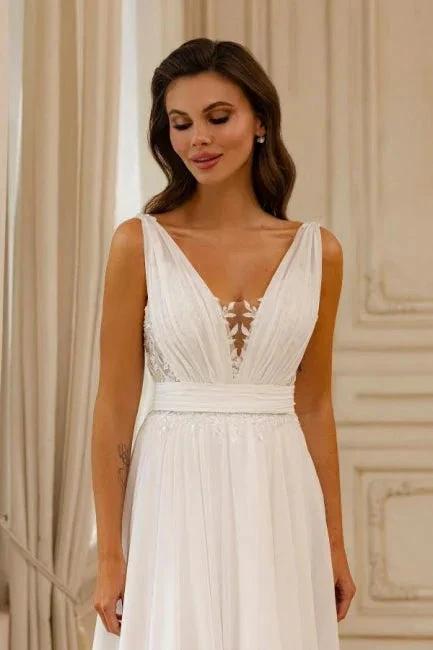 Gorgeous A-Line Chiffon Lace V-Neck Sleeveless White Wedding Dresses With Openback (ZD16668)