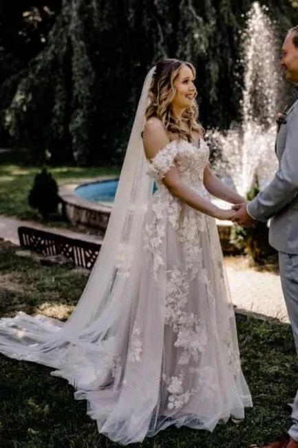 Gorgeous A-Line Lace Off-The-Shoulder Sleeveless White Wedding Dresses With Ruffles (ZD15529)