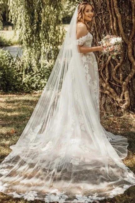 Gorgeous A-Line Lace Off-The-Shoulder Sleeveless White Wedding Dresses With Ruffles (ZD15529)