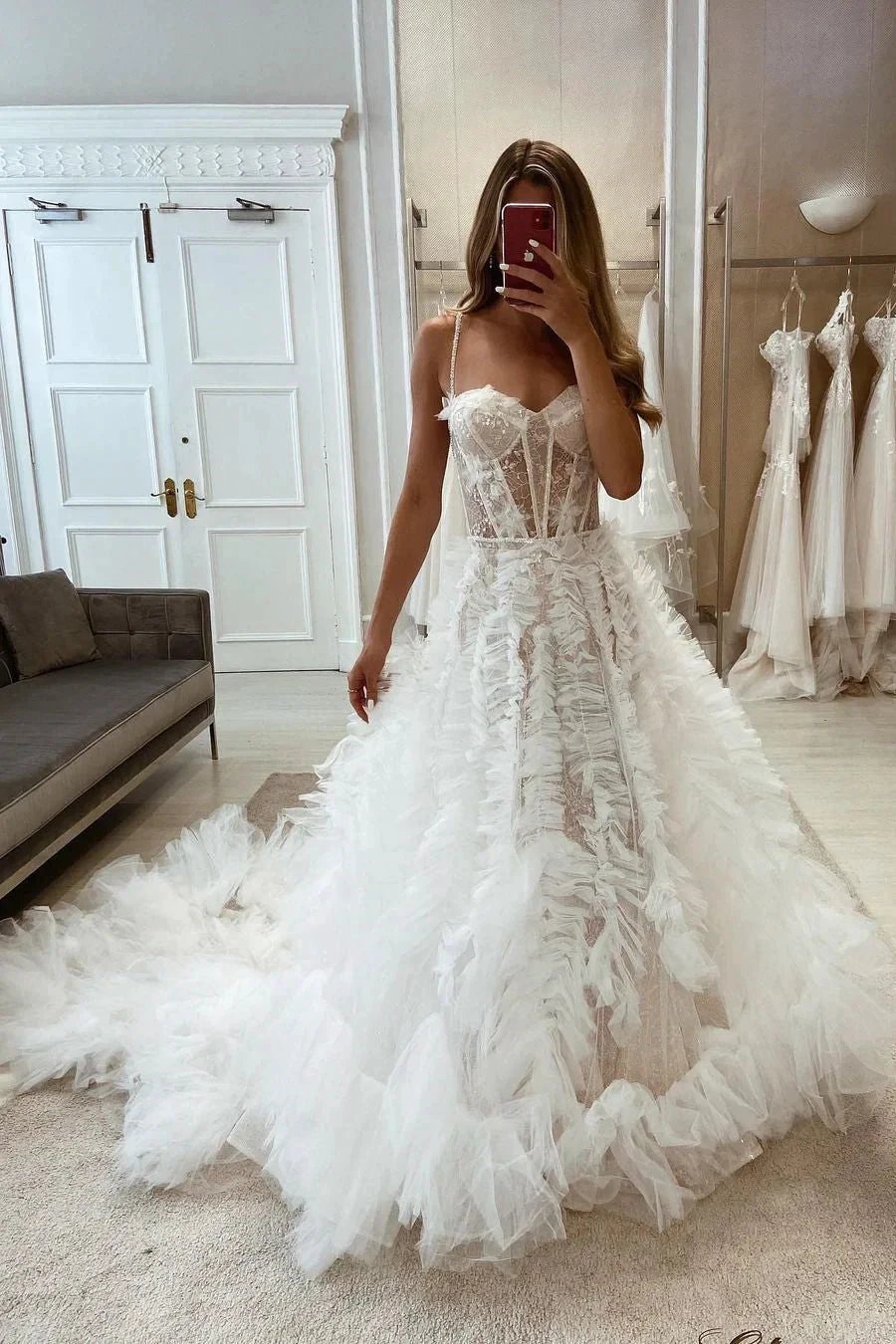 Gorgeous A-line Spaghetti Straps Appliques Wedding Dress With Train (ZD14562)