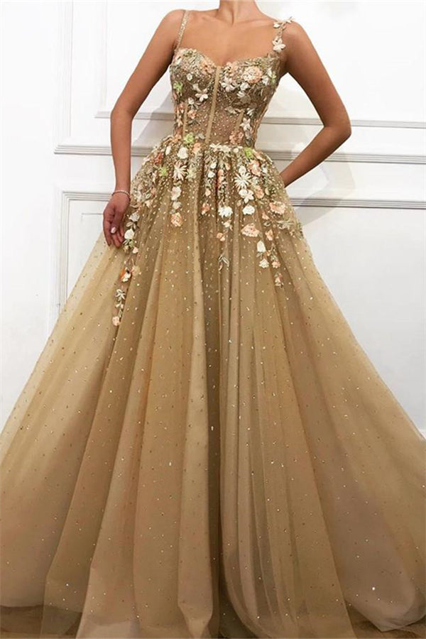 Gorgeous A-Line Spaghetti Straps Flower Prom Dresses