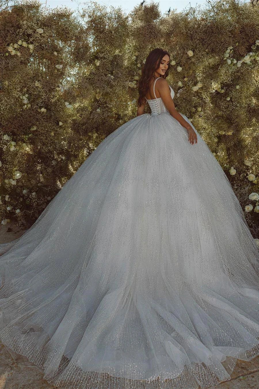 Gorgeous A-line Spaghetti Straps Sequined Lace Tulle Wedding Dress (ZD14508)