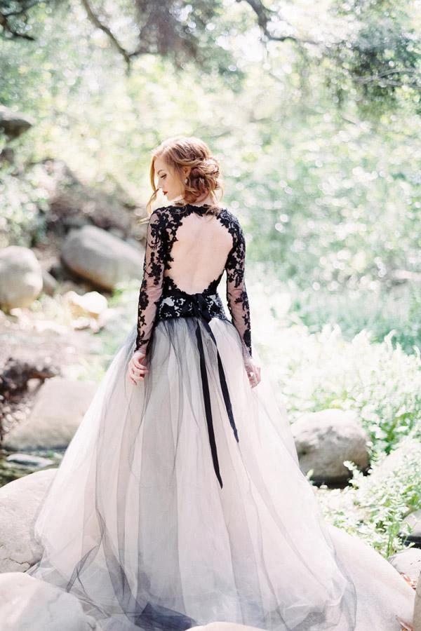 Gorgeous A-line V neck Long Sleeve Black Lace Wedding Dress Bridal Gown (ZD16004) - View 2 | VelvetHem
