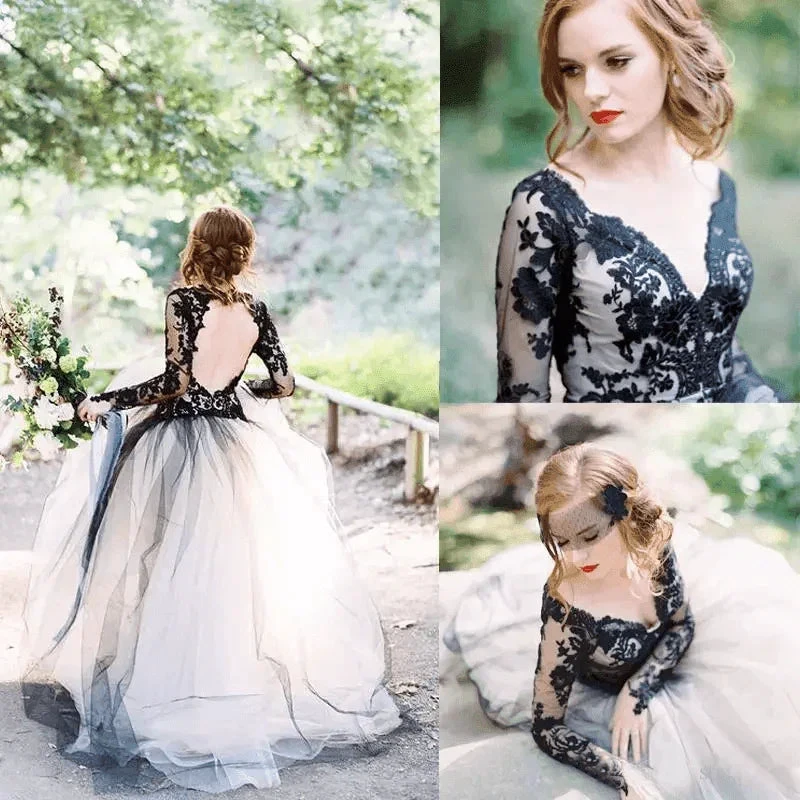 Gorgeous A-line V neck Long Sleeve Black Lace Wedding Dress Bridal Gown (ZD16004)