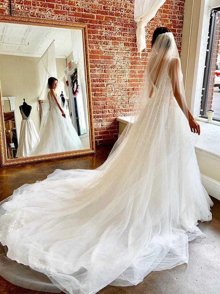 Gorgeous A-line V Neck Open Back Tulle Wedding Dresses with Appliques (ZD15277)