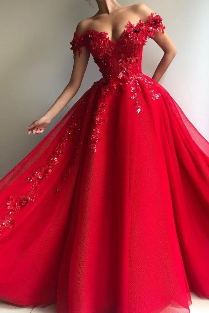 Gorgeous Ball Gown Off-the-Shoulder Applique Flowers Evening Dresses