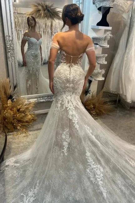 Gorgeous Column Lace Off-The-Shoulder Sleeveless White Wedding Dresses With Appliques Train (ZD15511)