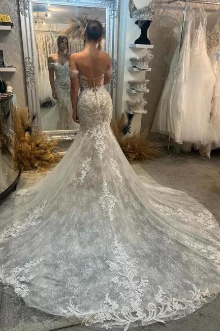 Gorgeous Column Lace Off-The-Shoulder Sleeveless White Wedding Dresses With Appliques Train (ZD15511)