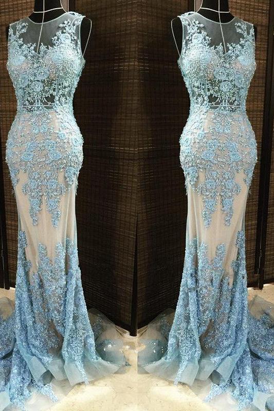 Gorgeous Column Sleleveless Long Evening Dresses Lace Appliques Beading Chic Prom Party Gowns with Overskirt
