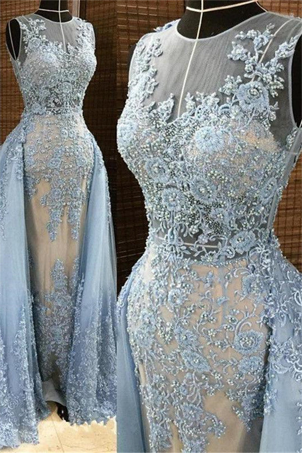 Gorgeous Column Sleleveless Long Evening Dresses Lace Appliques Beading Chic Prom Party Gowns with Overskirt