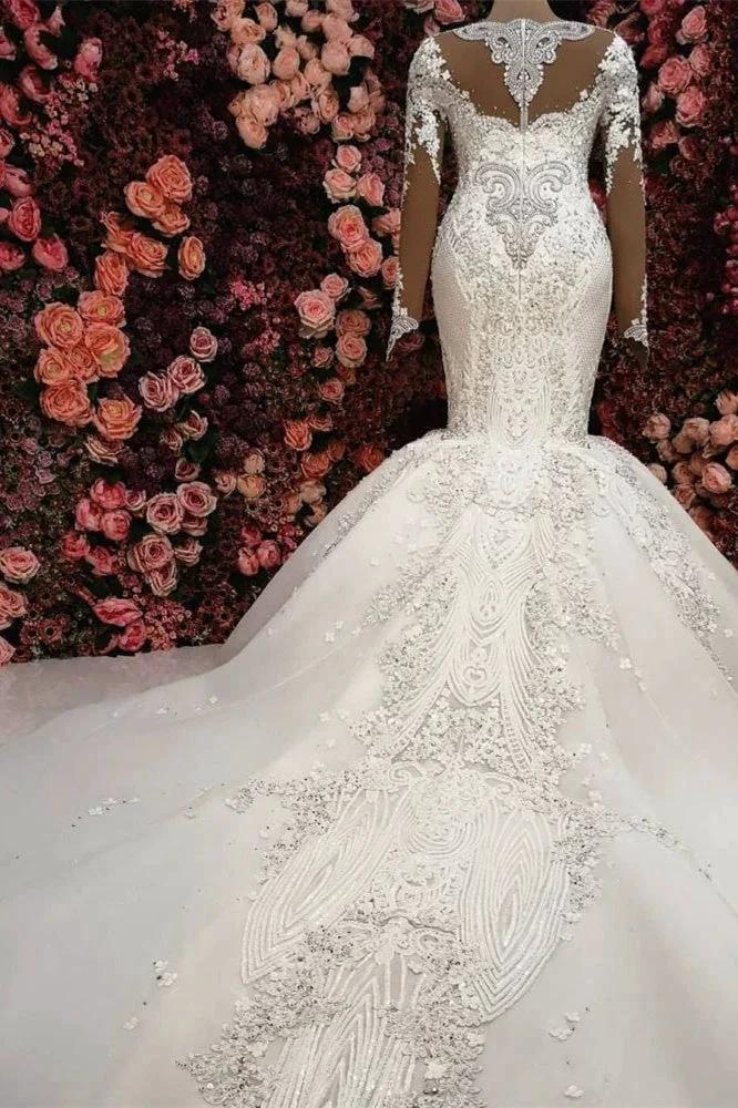 Gorgeous Crystals Mermaid Bridal Wears Long Sleeves Chapel Train Wedding Dress (ZD13875)