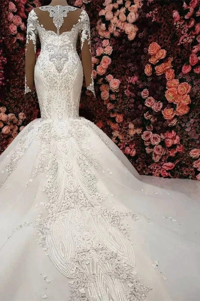 Gorgeous Crystals Mermaid Bridal Wears Long Sleeves Chapel Train Wedding Dress (ZD13875)