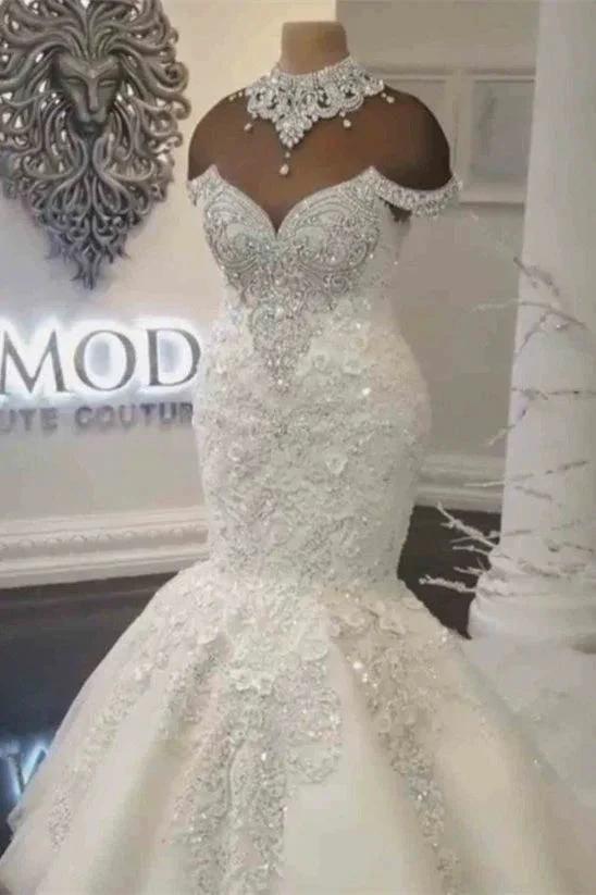 Gorgeous Crystals Mermaid Wedding Dress Off-the-Shoulder Appliques Bridal Wears (ZD13887)