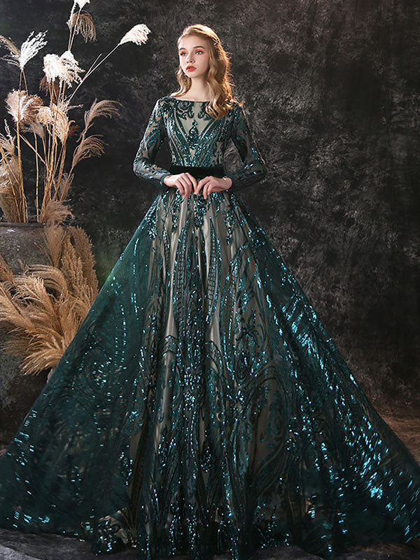 Gorgeous Evening Dress A-Line Jewel Neck With Train Long Sleeves Zipper Lace Lace Formal Party Dresses