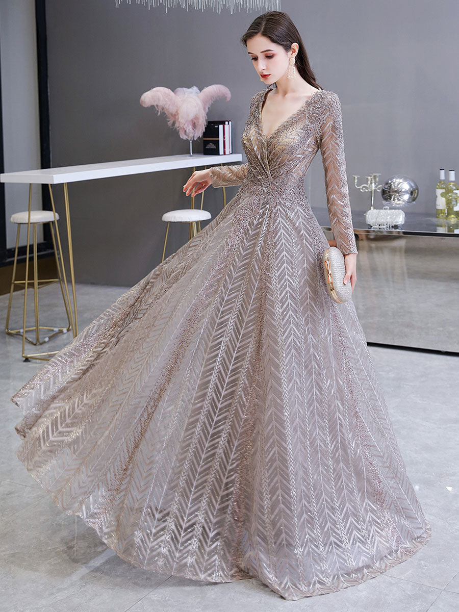 Gorgeous Evening Dress Princess Silhouette V-Neck Long Sleeve Lace Sequins Floor-Length Social Party Dresses