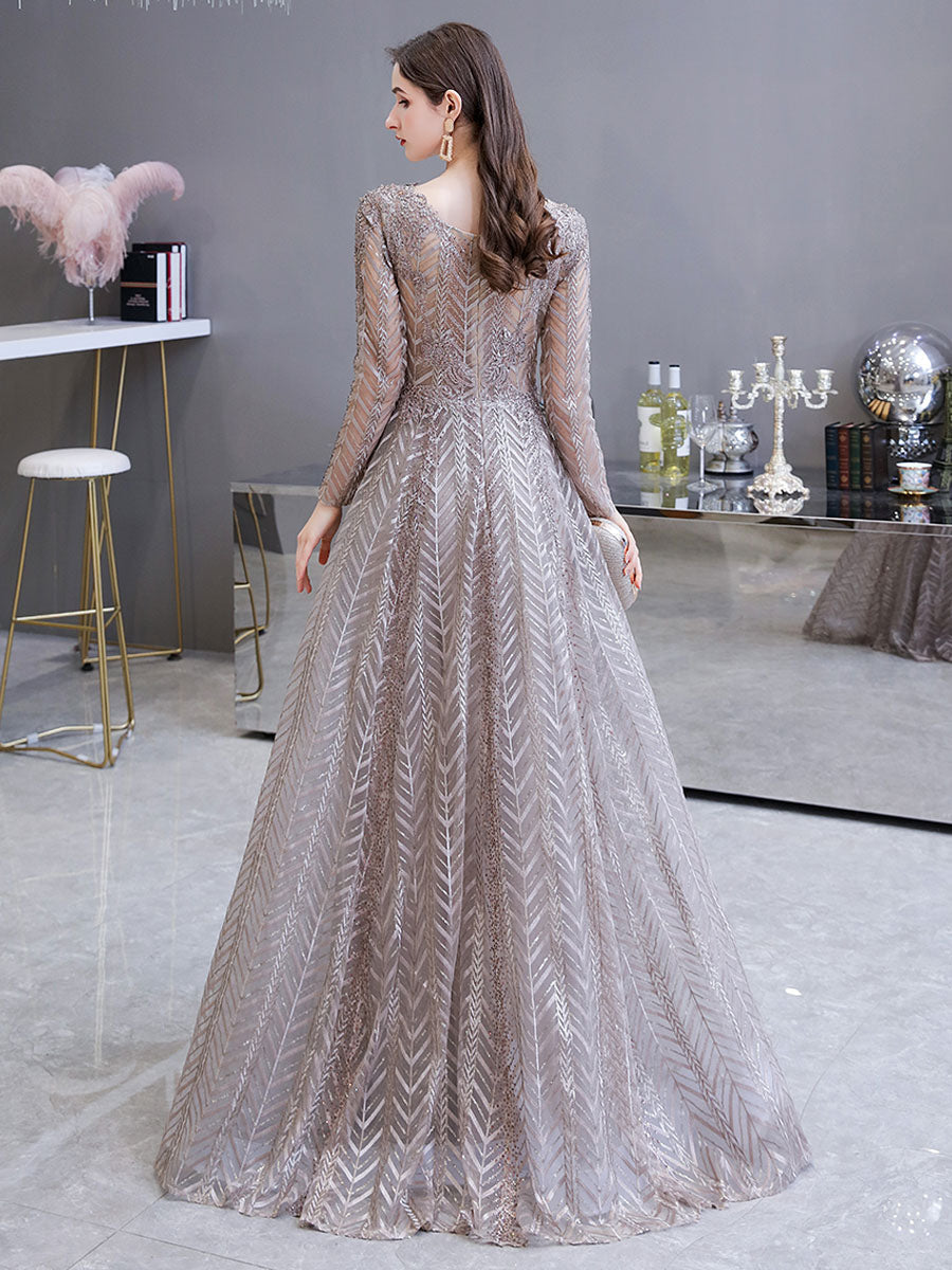 Gorgeous Evening Dress Princess Silhouette V-Neck Long Sleeve Lace Sequins Floor-Length Social Party Dresses