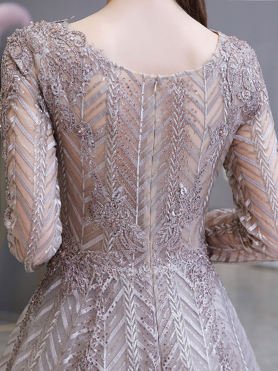 Gorgeous Evening Dress Princess Silhouette V-Neck Long Sleeve Lace Sequins Floor-Length Social Party Dresses