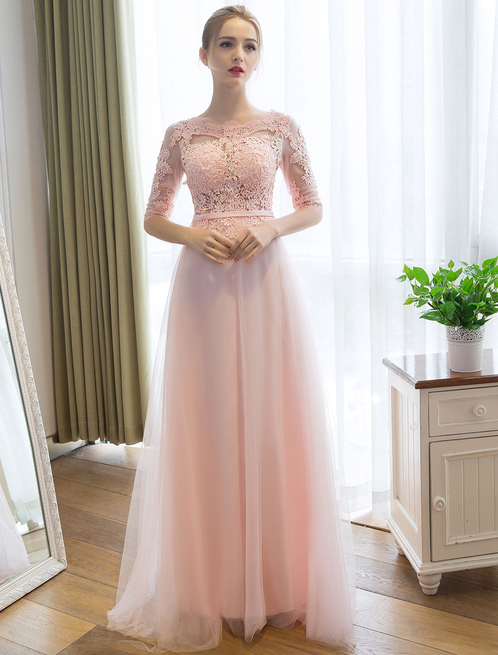 Gorgeous Evening Dresses Long Soft Pink Half Sleeve Lace Tulle Formal Evening Lace Applique Maxi Party Dress