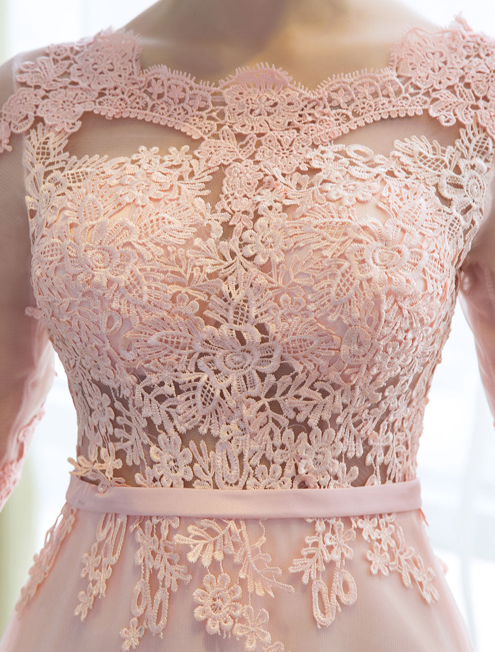 Gorgeous Evening Dresses Long Soft Pink Half Sleeve Lace Tulle Formal Evening Lace Applique Maxi Party Dress