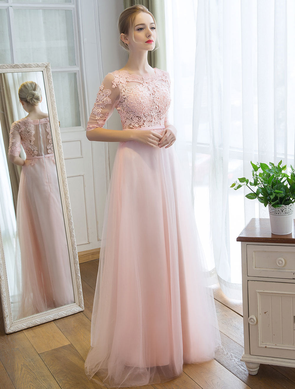 Gorgeous Evening Dresses Long Soft Pink Half Sleeve Lace Tulle Formal Evening Lace Applique Maxi Party Dress