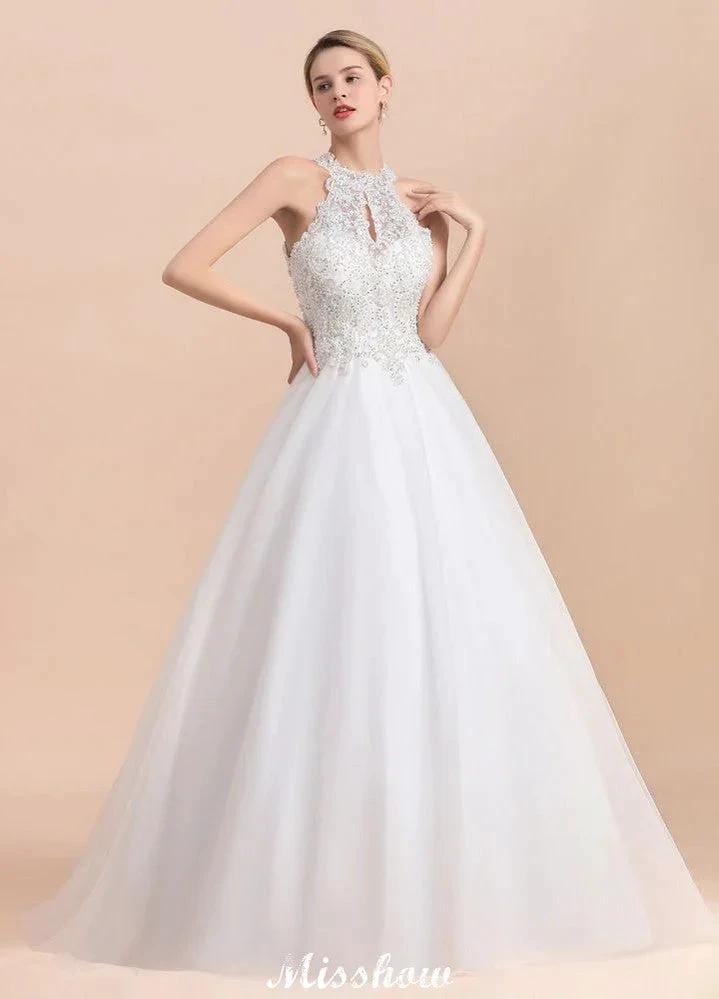 Gorgeous Halter Rhinstones Wedding Dress White Tulle Lace Appliques Aline Bridal Gown (ZD16615)