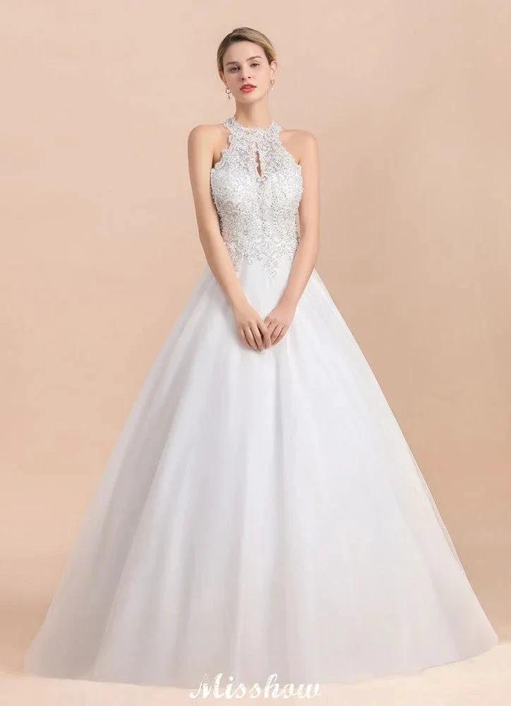 Gorgeous Halter Rhinstones Wedding Dress White Tulle Lace Appliques Aline Bridal Gown (ZD16615)