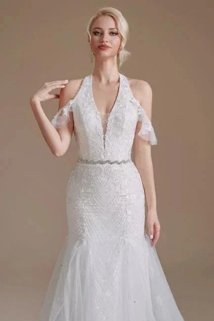 Gorgeous Halter Sleeveless Mermaid Floor-Length Tulle Wedding Dresses with Applique (ZD14662)