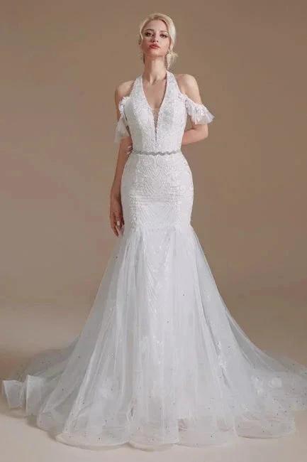 Gorgeous Halter Sleeveless Mermaid Floor-Length Tulle Wedding Dresses with Applique (ZD14662)