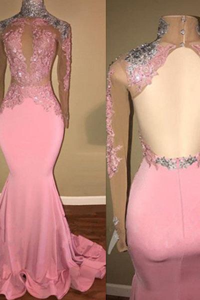 Gorgeous High-Neck Backless Pink Prom Party GownsMermaid With Lace Appliques