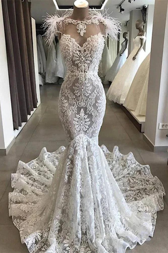 Gorgeous Hollow Sweetheart Lace Long Wedding Dress with Fur Neckline (ZD13877)