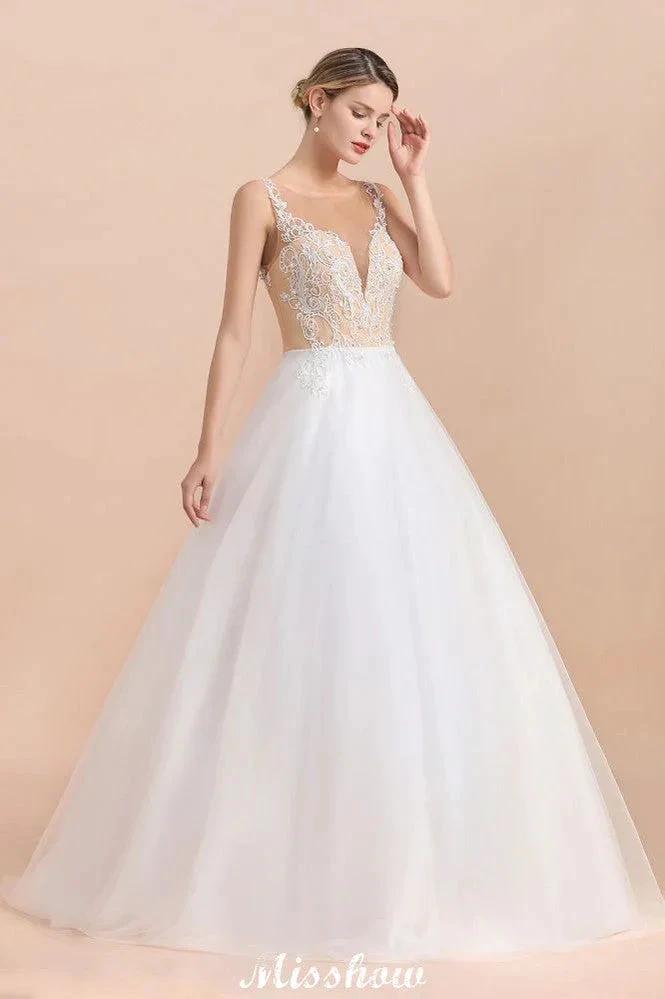 Gorgeous Illusion Neck Button Sleeveless White Ball Gown Wedding Dress (ZD13990)