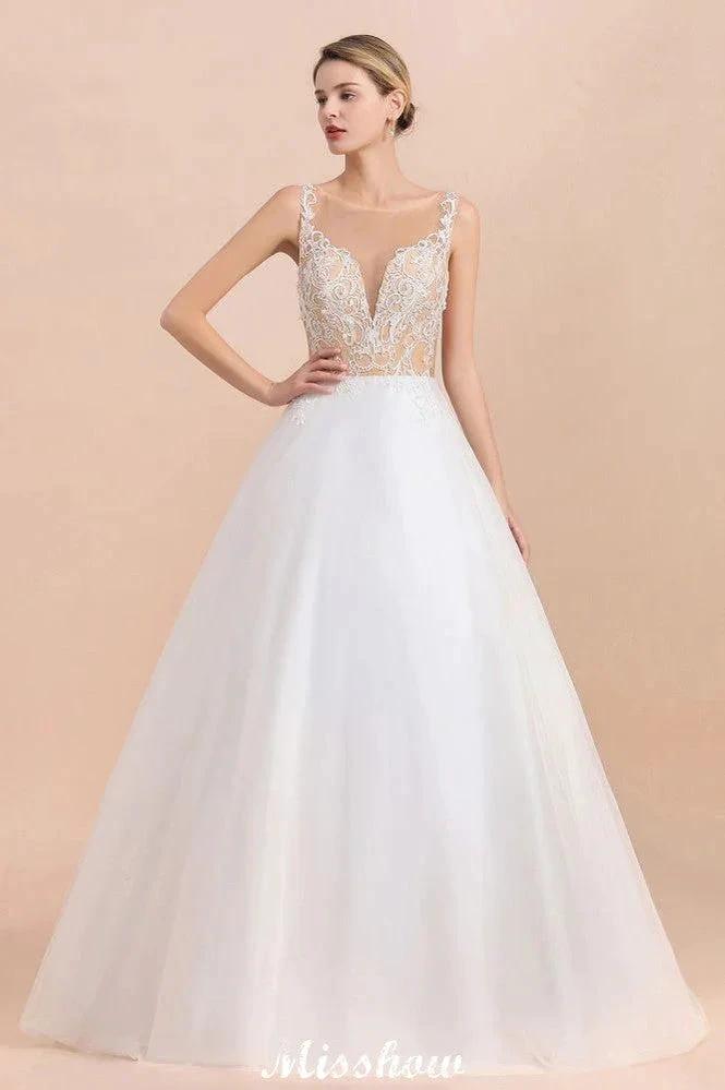 Gorgeous Illusion Neck Button Sleeveless White Ball Gown Wedding Dress (ZD13990) - View 5 | VelvetHem